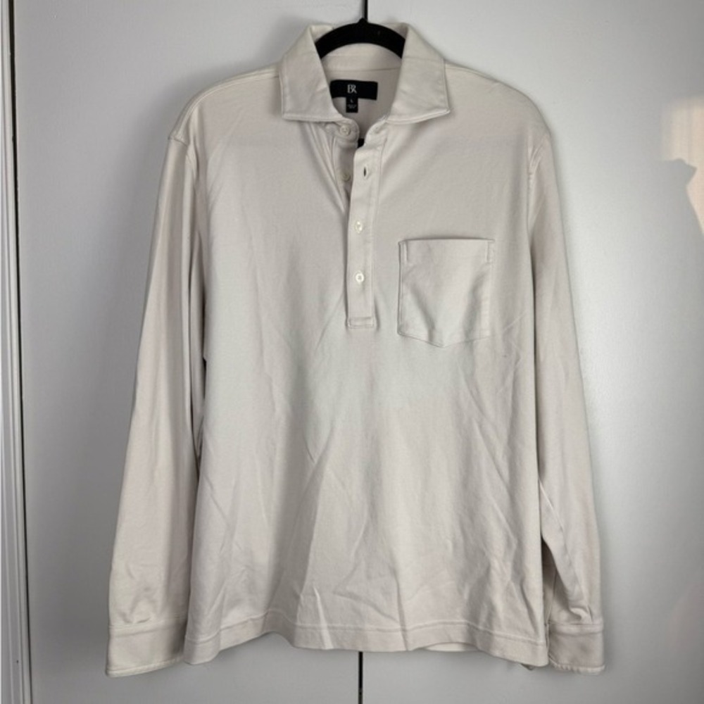 Banana Republic Mens Lux Pocket Long Sleeve‎ Polo Shirt Cream Off White Large
